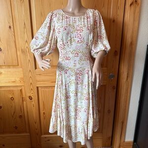 19 Cooper Floral Tea Dress Midi Size M Womens Puff Sleeves Feminine Off White